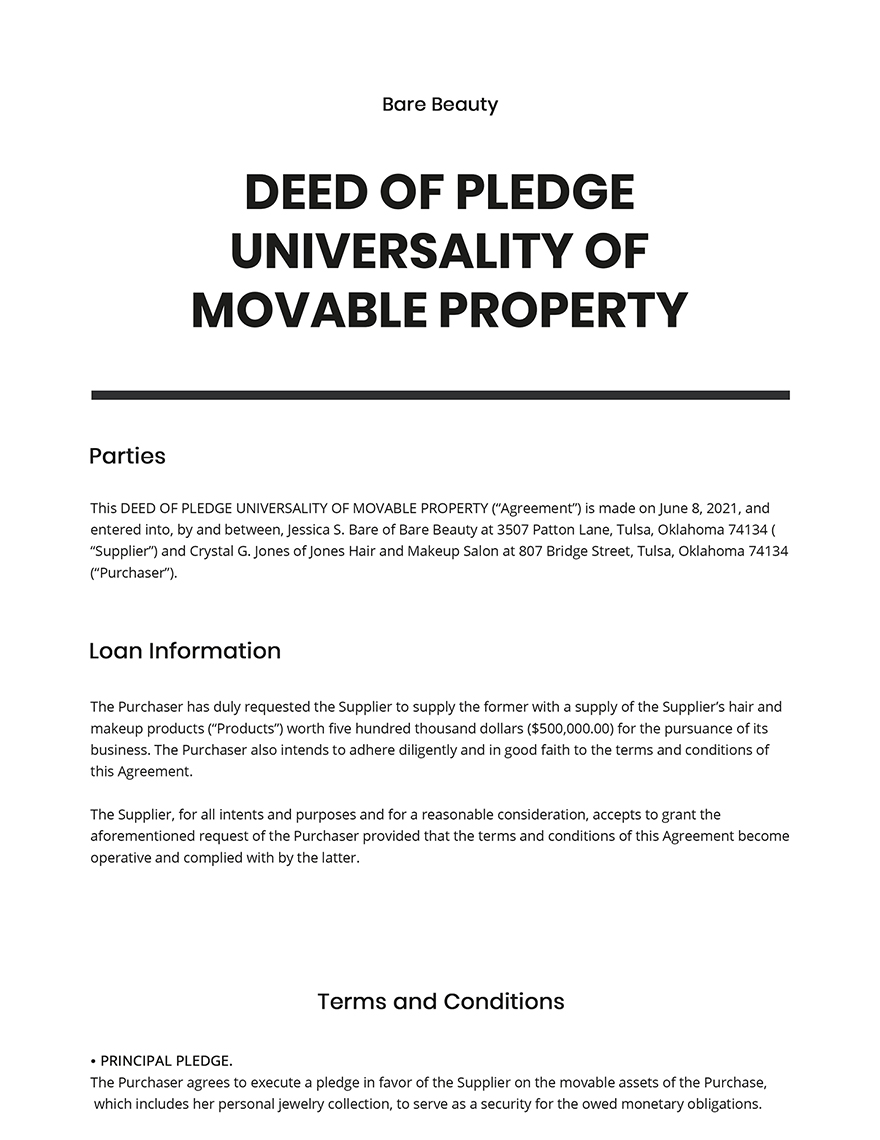 Free Deed of Pledge Universality of Movable Property Template
