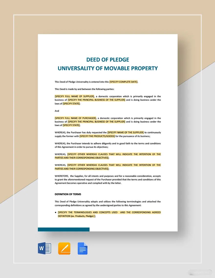 Deed of Pledge Universality of Movable Property Template