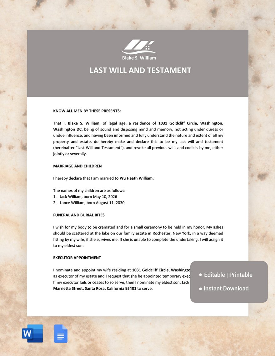 Free Blank Last Will And Testament Template in Word, Google Docs, PDF