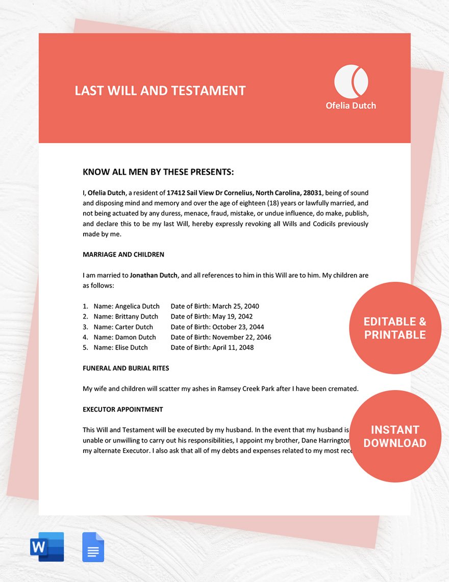 Free Simple Last Will And Testament Template in Word, Google Docs, PDF