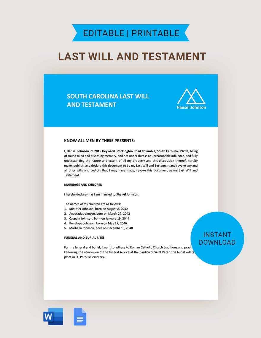 South Carolina Last Will And Testament Template in Word, Google Docs, PDF