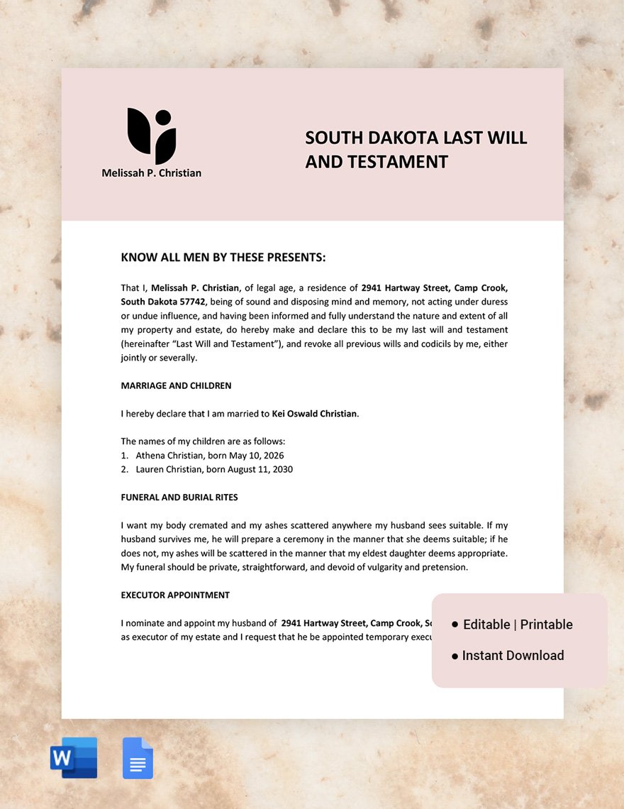 South Dakota Last Will And Testament Template in Word, Google Docs, PDF