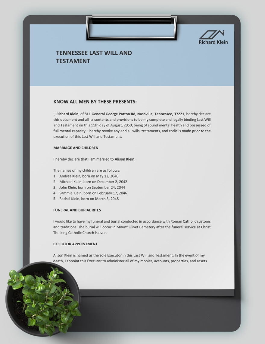 Tennessee Last Will And Testament Template