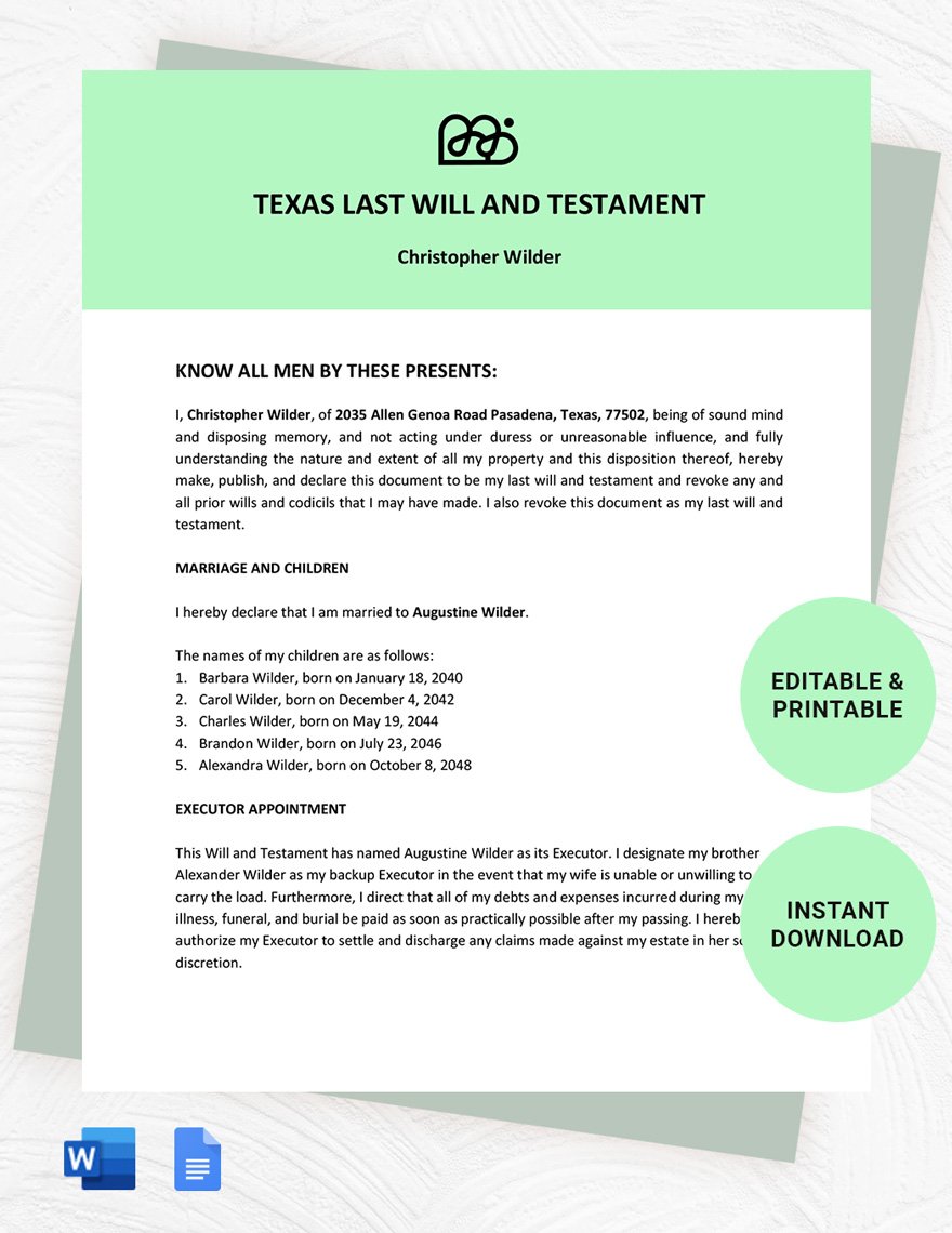 Texas Last Will And Testament Template in Word, Google Docs