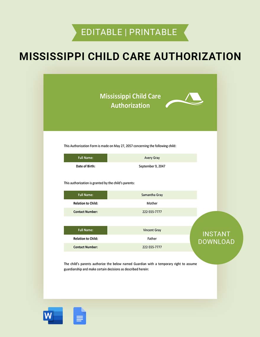Mississippi Child Care Authorization Template in Word, Google Docs