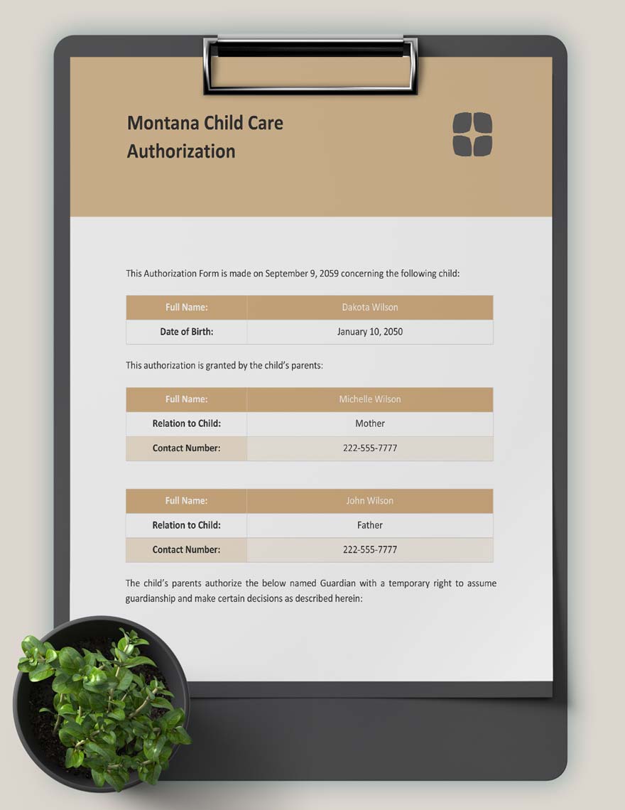 Montana Child Care Authorization Template