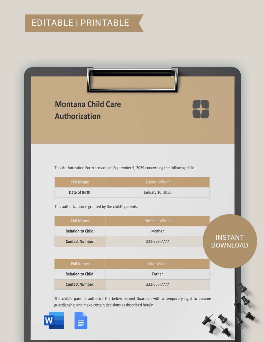 Montana Child Care Authorization Template in Word, Google Docs