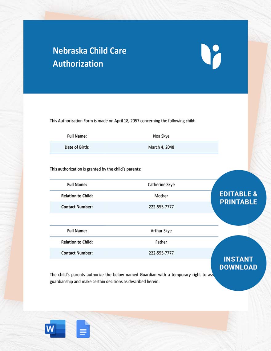 Nebraska Child Care Authorization Template in Word, Google Docs