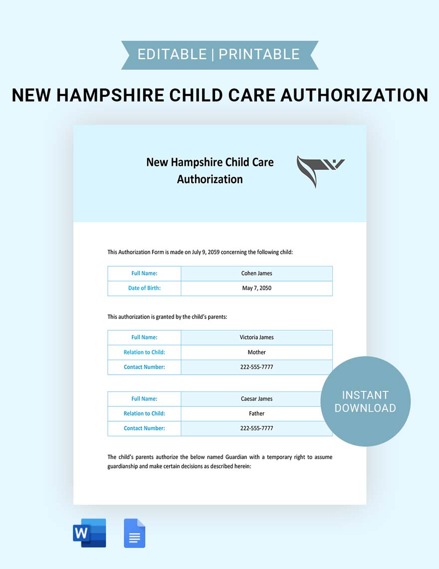 New Hampshire Child Care Authorization Template in Word, Google Docs