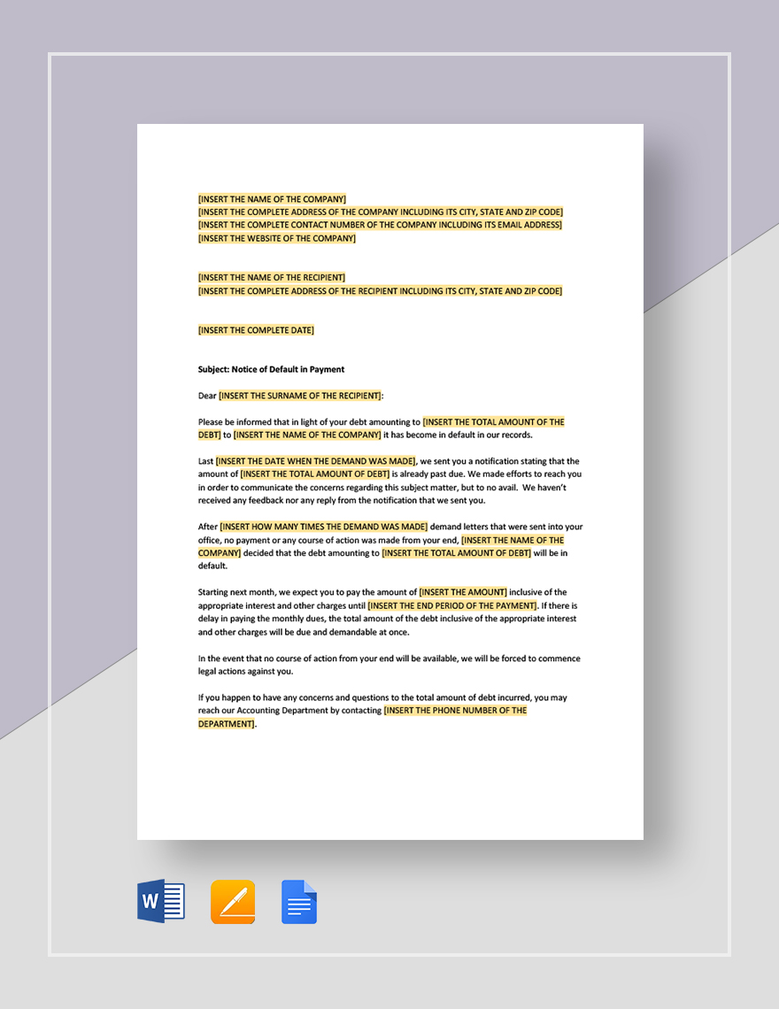 Notice of Default in Payment Template in Word, Google Docs, Apple Pages