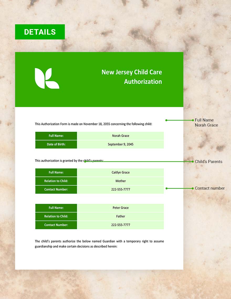New Jersey Child Care Authorization Template