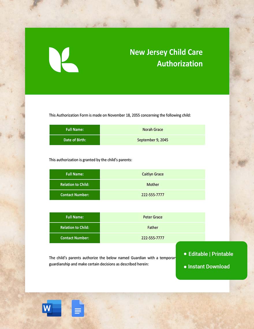 New Jersey Child Care Authorization Template in Word, Google Docs