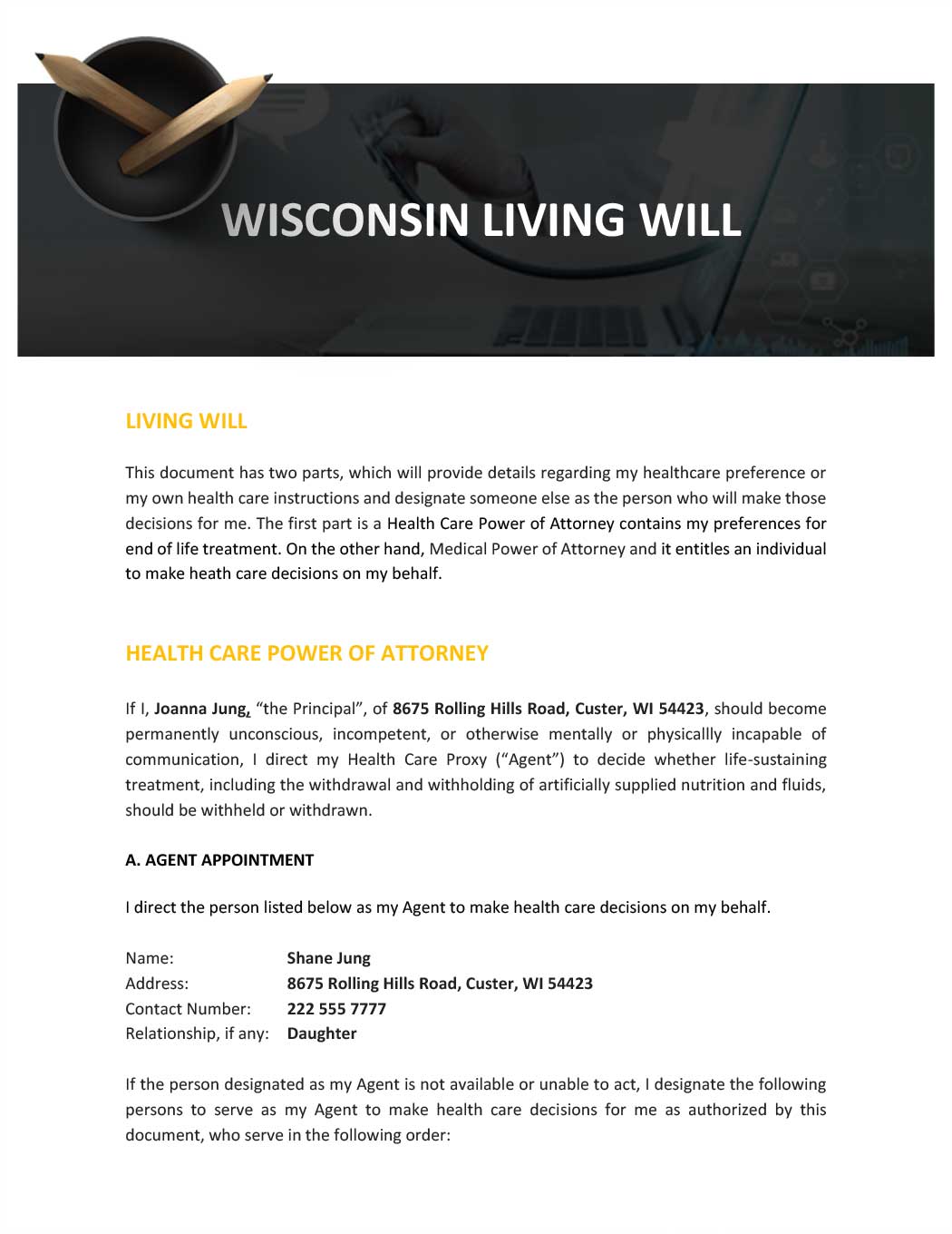 Wisconsin Living Will Template
