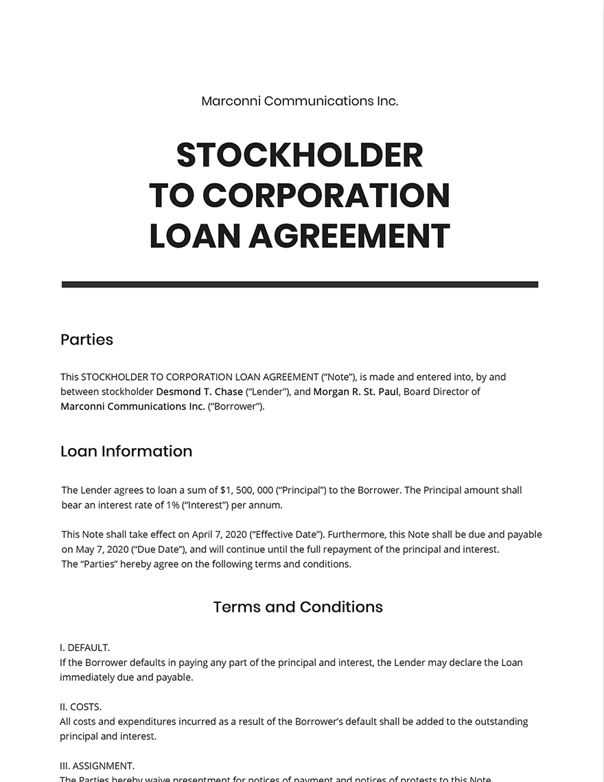 Loan Agreement Stockholder to Corporation Template