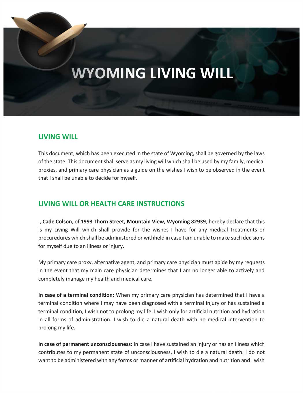 Wyoming Living Will Template