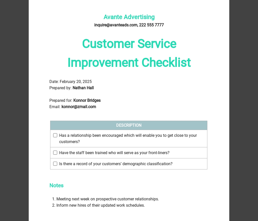 Customer Service Improvement Checklist Template