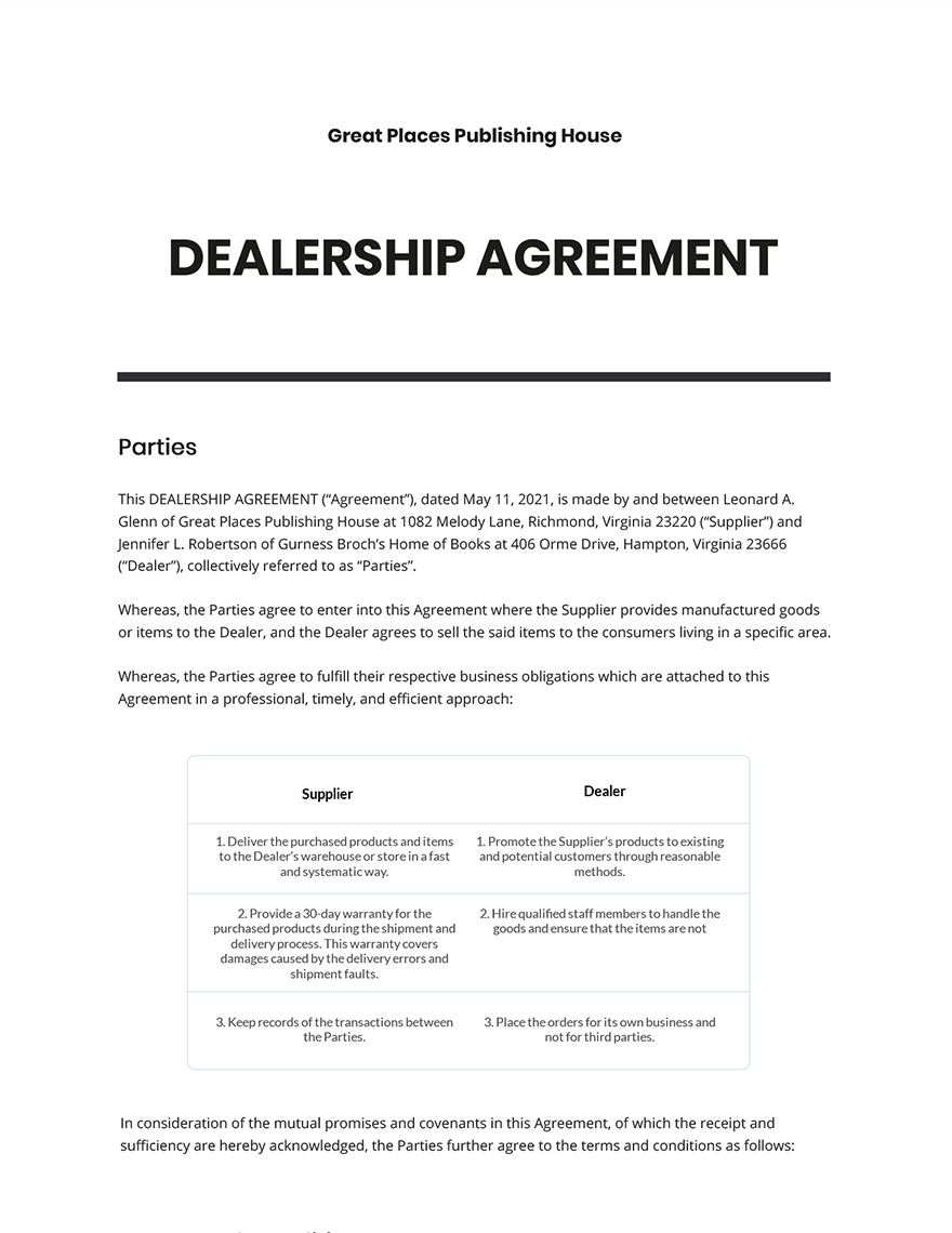 Dealership Agreement Template Google Docs, Word, Apple Pages