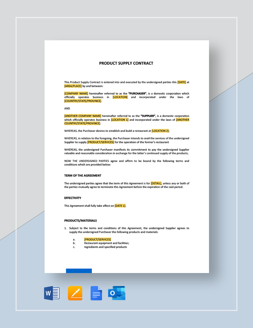 Product Supply Contract Template - Google Docs, Word, Apple Pages ...