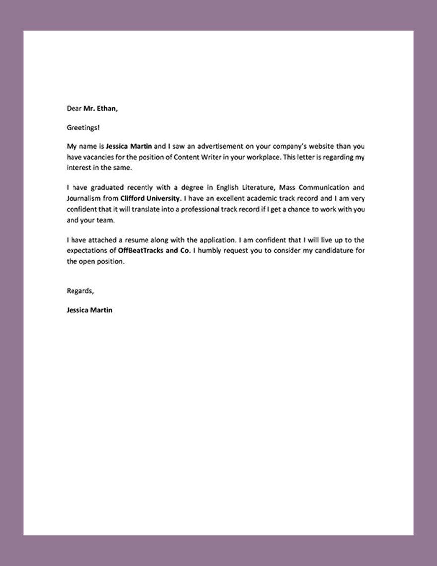 Sample Professional Fresher Resume Cover Letter In Word PDF Google 