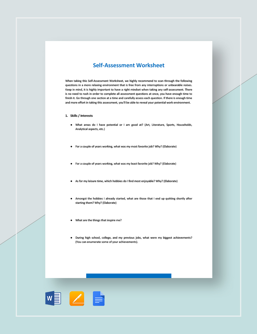 Worksheet Self-Assessment Template