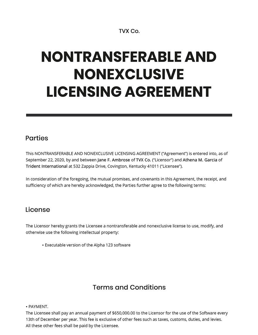 License Agreement Non Transferable and Non Exclusive License Template