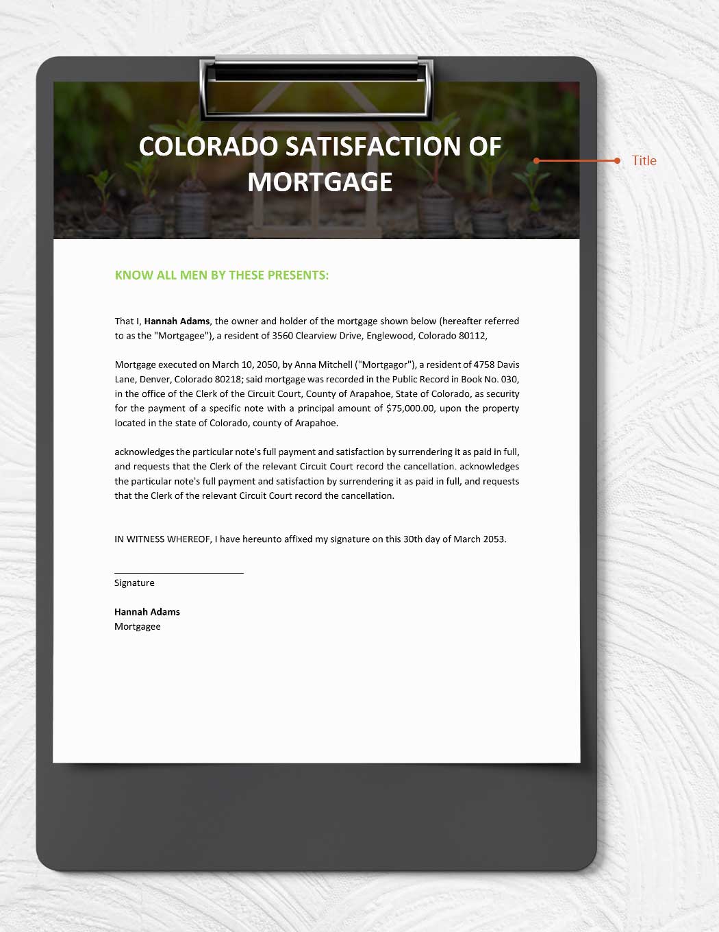 Colorado Satisfaction Of Mortgage Template