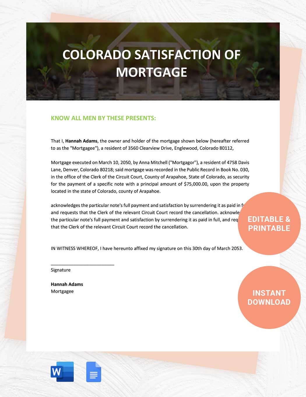 Colorado Satisfaction Of Mortgage Template
