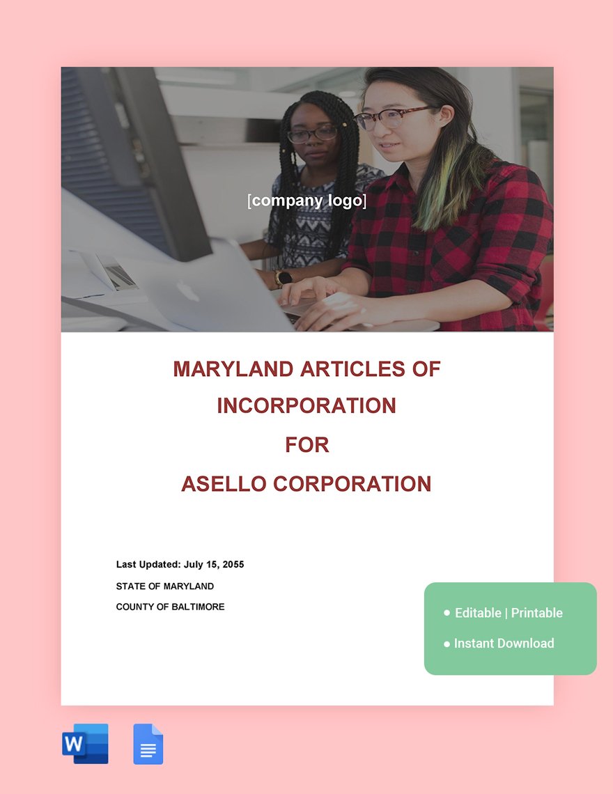 Maryland Articles Of Incorporation Template in Word, Google Docs