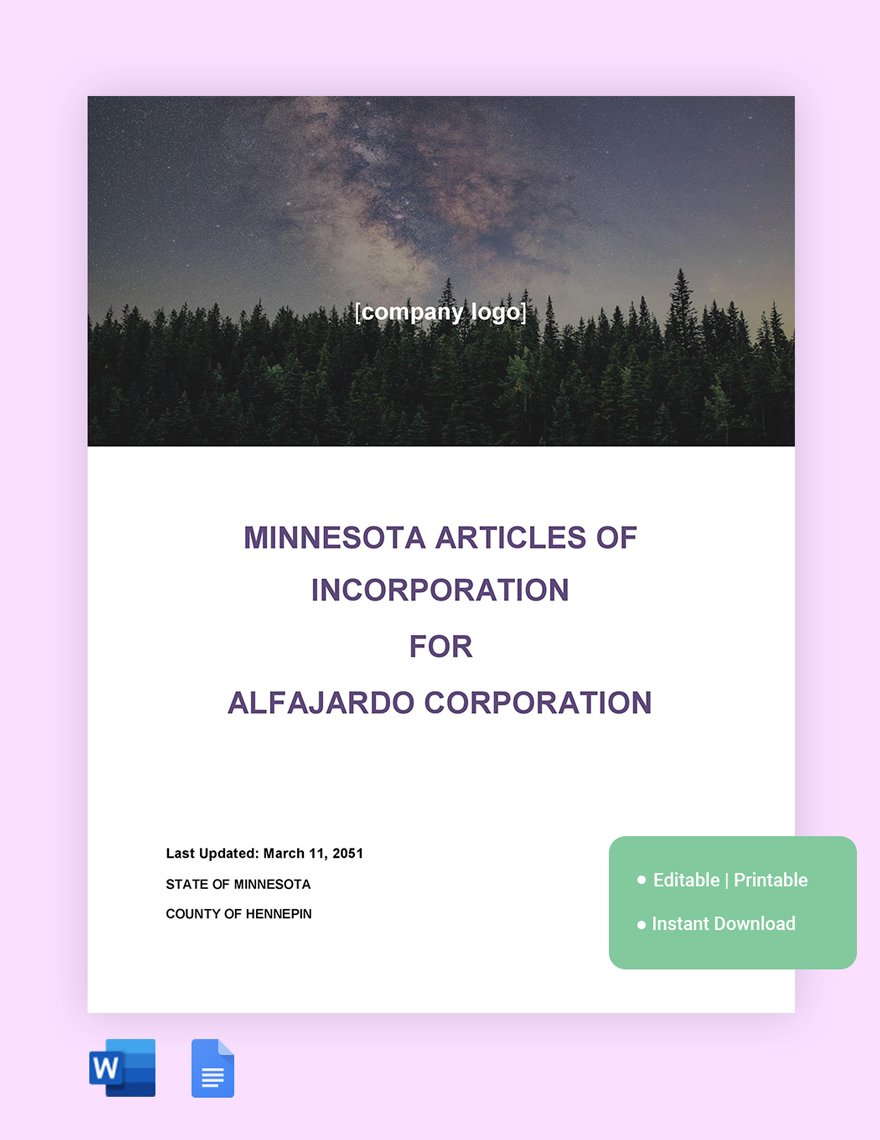 Minnesota Articles Of Incorporation Template in Word, Google Docs