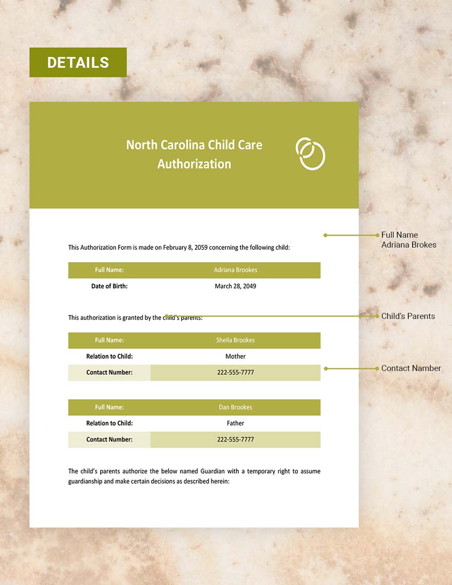 North Carolina Child Care Authorization Template