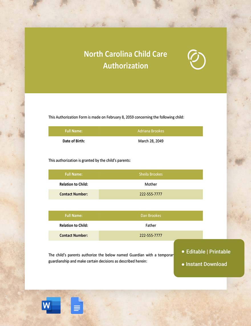 North Carolina Child Care Authorization Template in Word, Google Docs