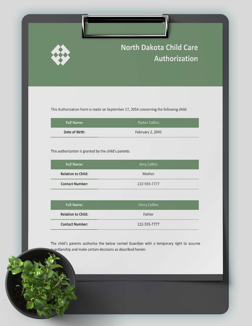 North Dakota Child Care Authorization Template