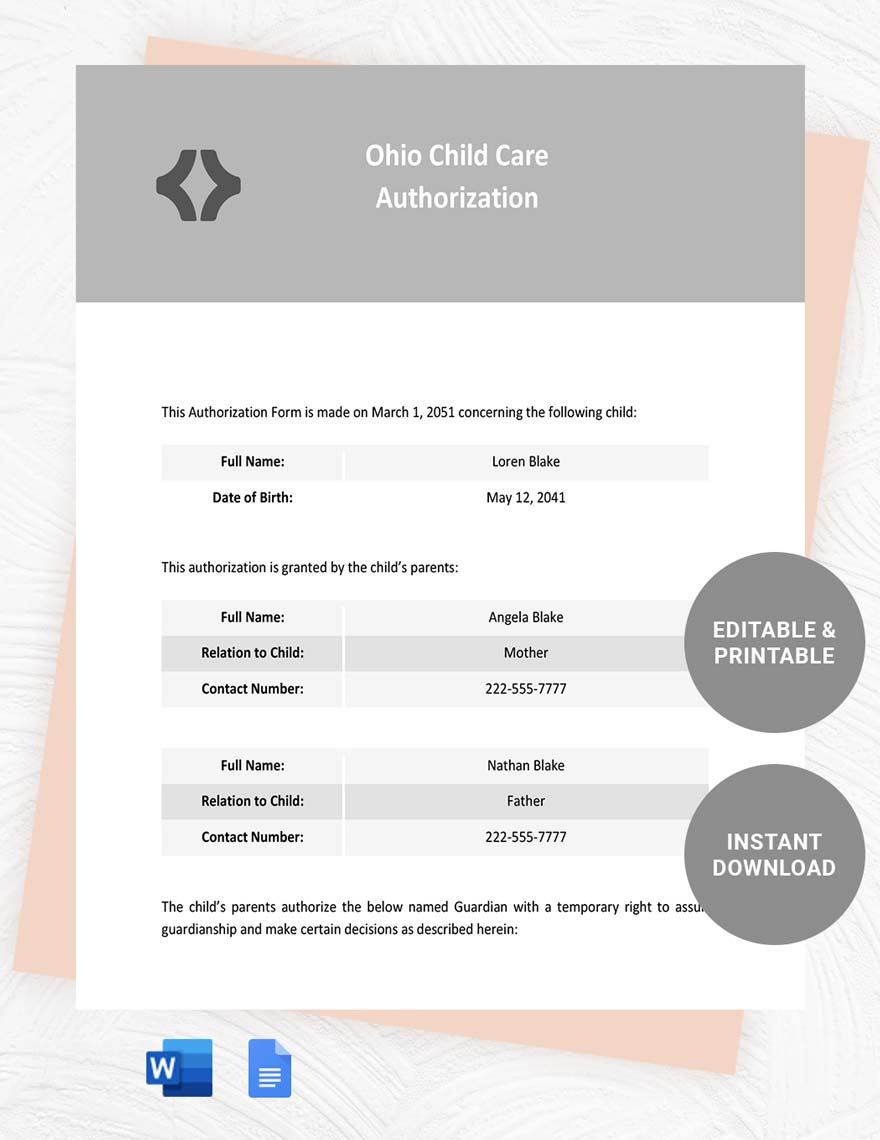 Ohio Child Care Authorization Template in Word, Google Docs