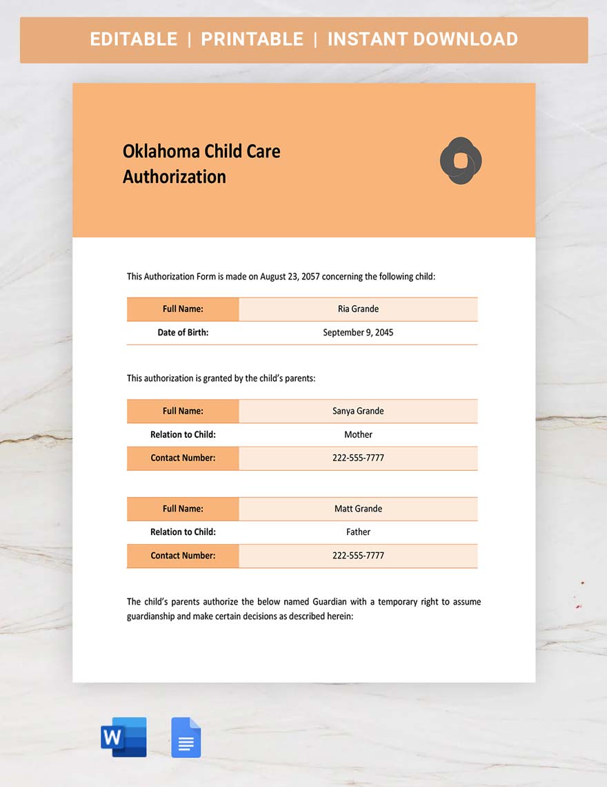 Oklahoma Child Care Authorization Template in Word, Google Docs