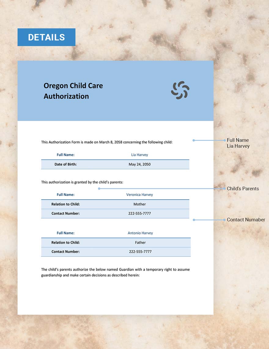 Oregon Child Care Authorization Template
