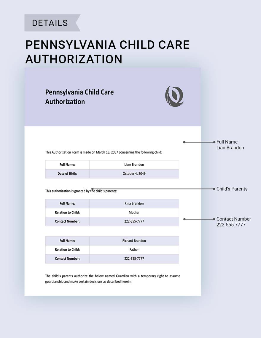Pennsylvania Child Care Authorization Template