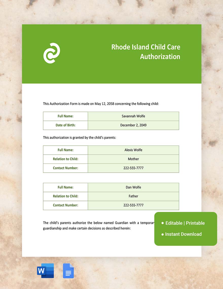Rhode Island Child Care Authorization Template in Word, Google Docs