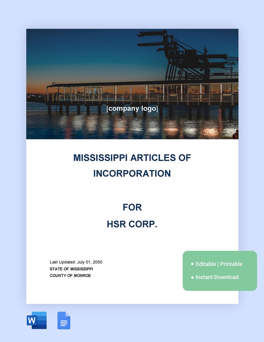 Mississippi Articles Of Incorporation Template in Word, Google Docs
