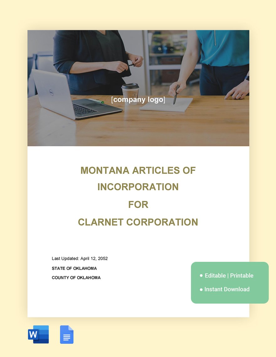 Montana Articles Of Incorporation Template in Word, Google Docs