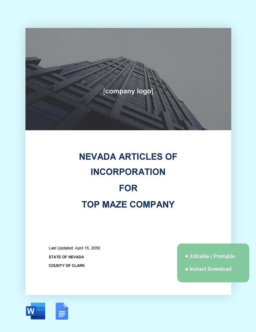 Nevada Articles Of Incorporation Template