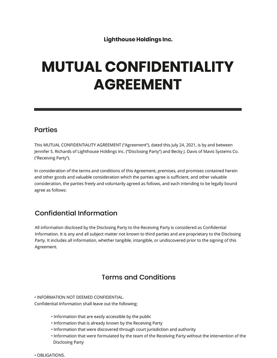 Mutual Confidentiality Agreement Template