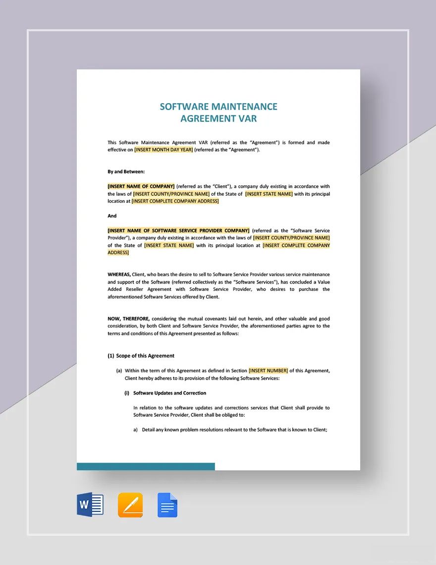 Software Maintenance Agreement VAR Template