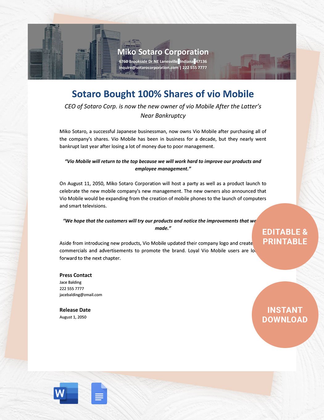 Business Acquisition Press Release Template