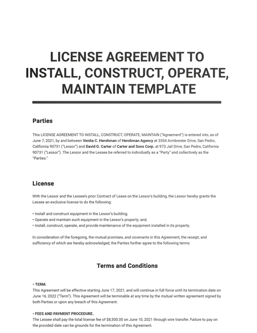 License Agreement Install, Construct, Operate, Maintain Template