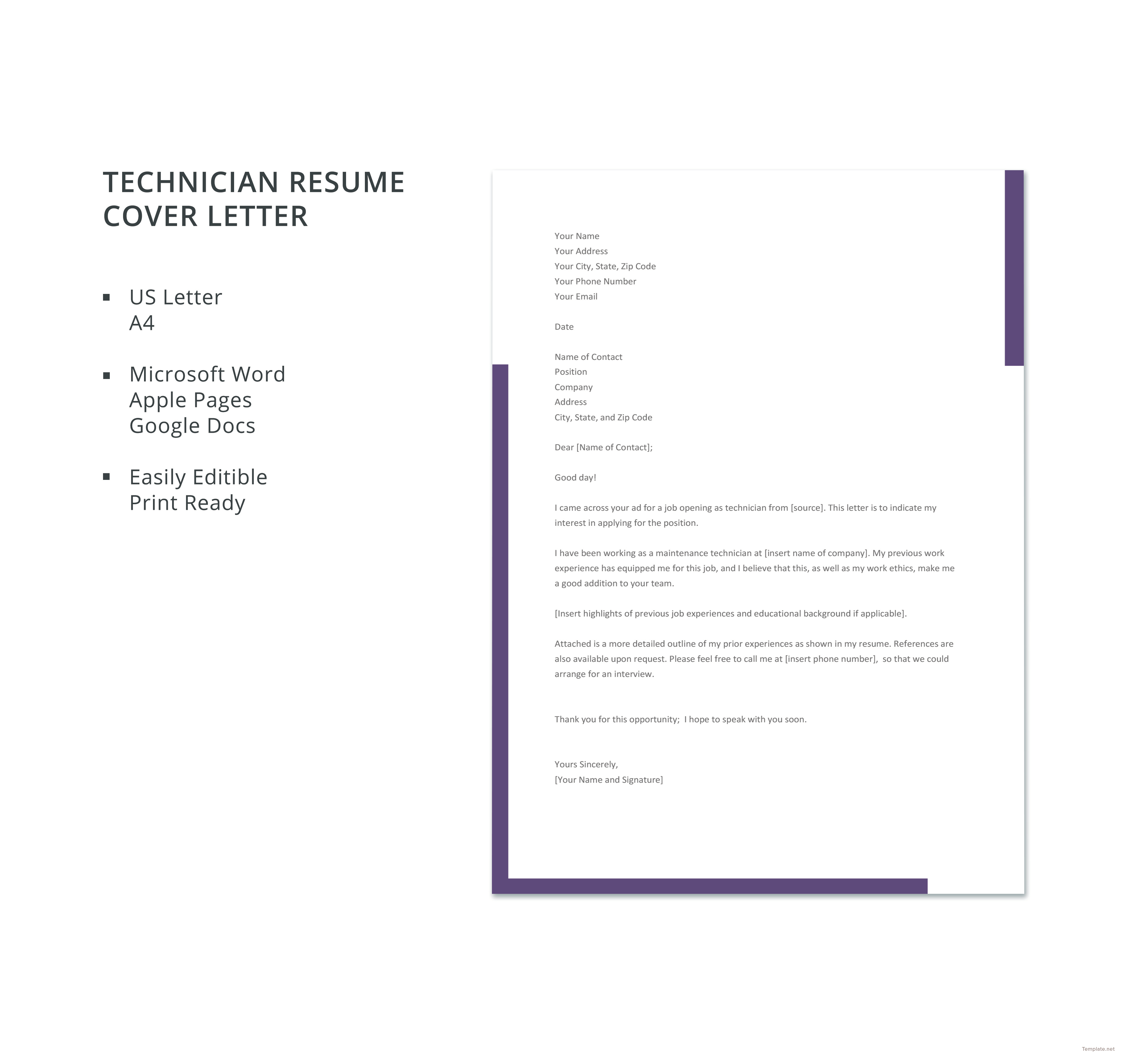 cover letter for resume technician