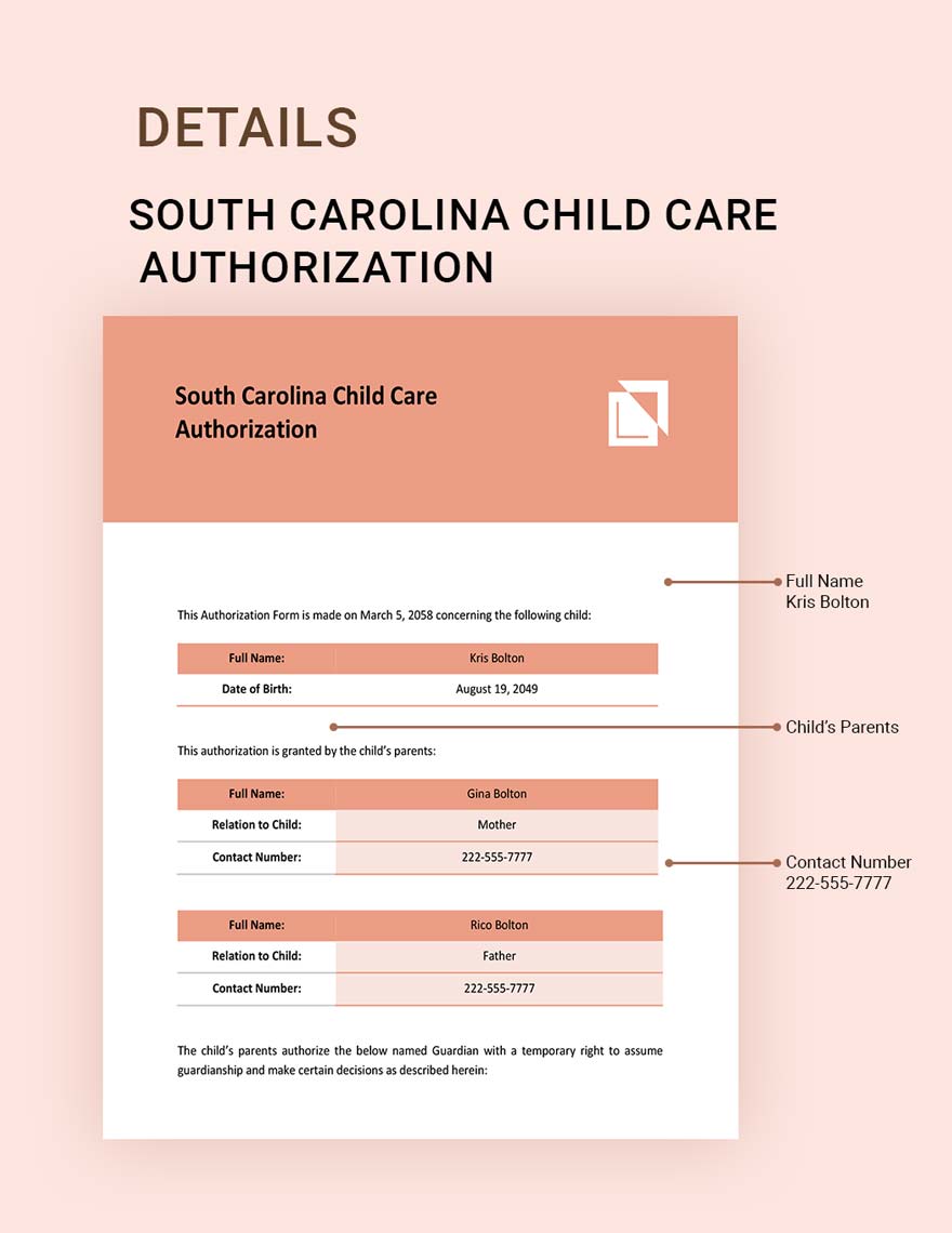South Carolina Child Care Authorization Template