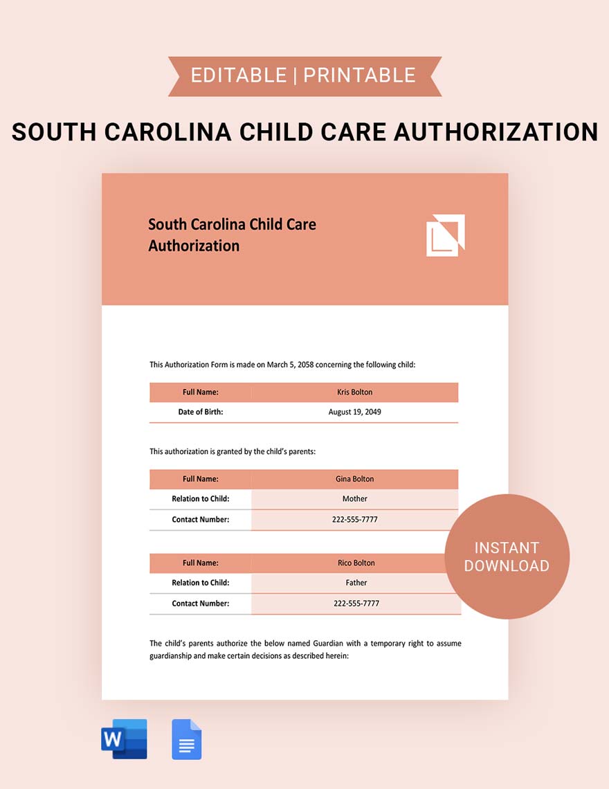 South Carolina Child Care Authorization Template in Word, Google Docs