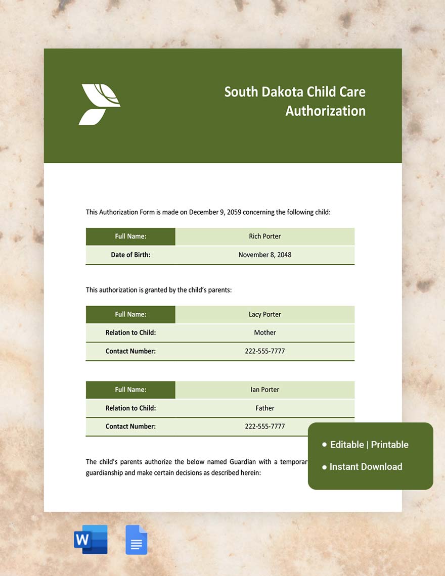 South Dakota Child Care Authorization Template in Word, Google Docs
