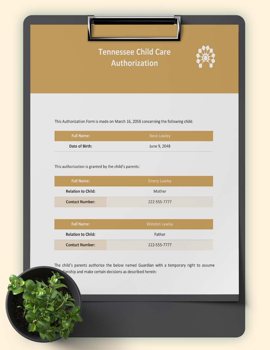 Tennessee Child Care Authorization Template