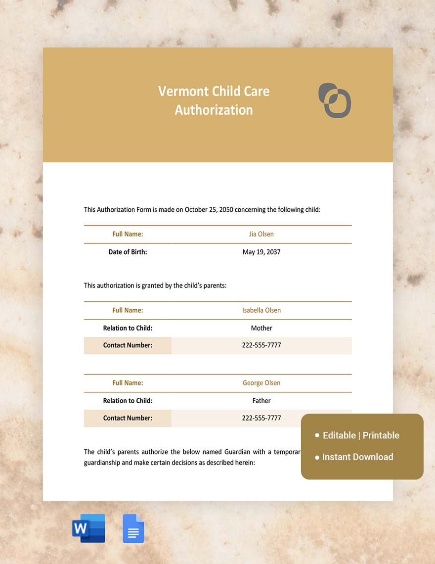 Vermont Child Care Authorization Template in Word, Google Docs